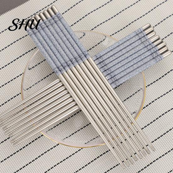 Chinese Stainless Steel Chopsticks 5 Pairs Food Stick Porcelain Pattern Anti-Slip Stylish Non-slip for Home