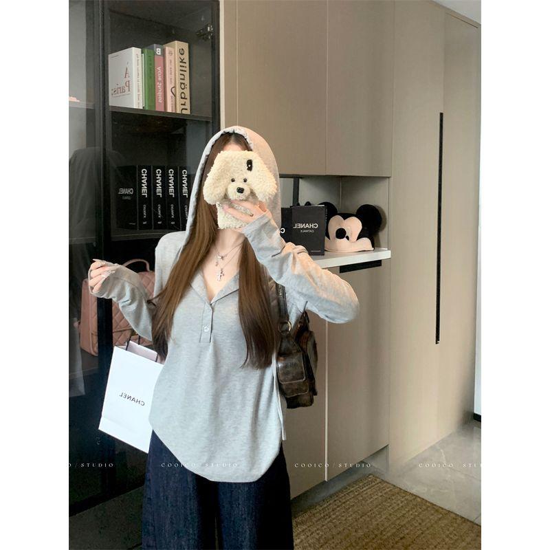 Kumikumi Idle Style Gray Hood Button Long sleeves Shirt Women Autumn Niche All-Match Loose Slimming Top