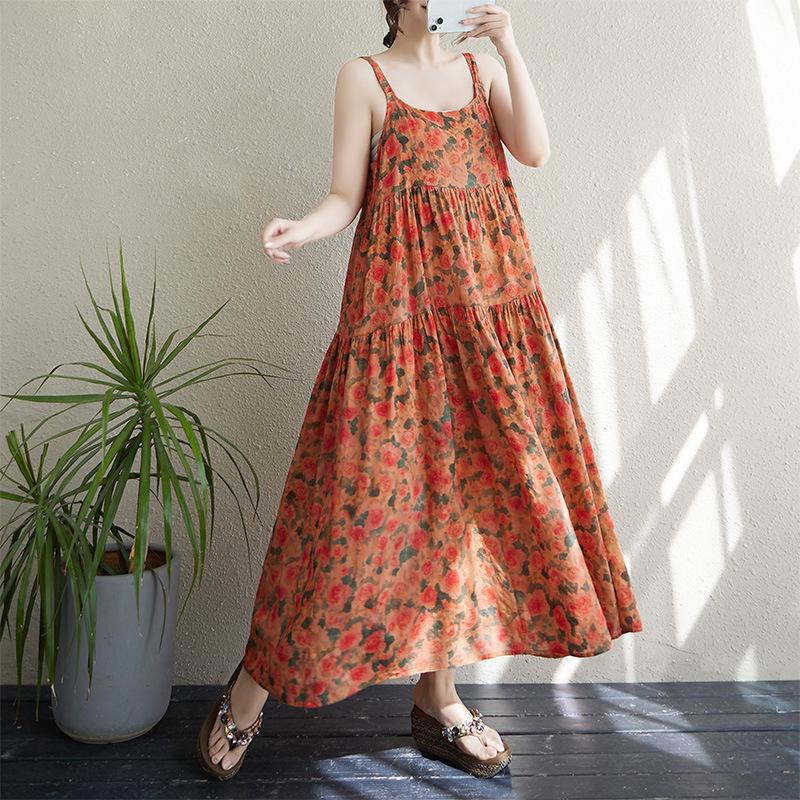 2025 Summer Cotton Linen Patchwork Long Sling Dress