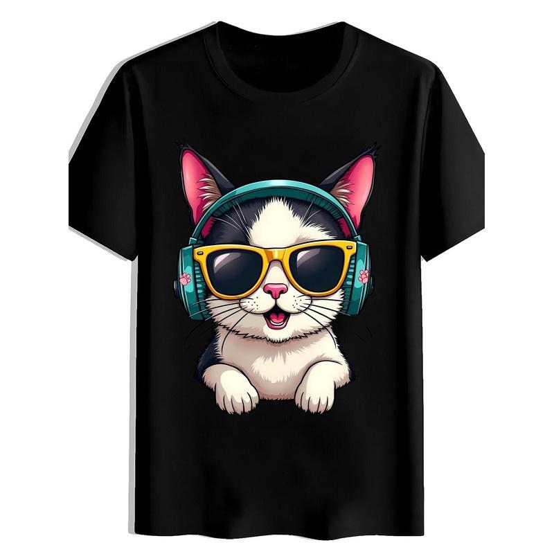 Men'S Casual Crew Neck T-Shirt with Cat Headphones Print, Soft And Comfortable Wrinkle-Resistant Top, Machine Washable And Pilling-Free, Quick-Drying