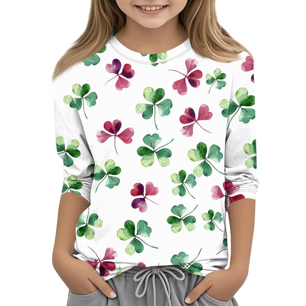 St. Patrick's Day Print Tops For Youth Girls 4-11 Years Round Neck 3/4 Sleeves T-Shirts Trendy Tops Outfit Tees