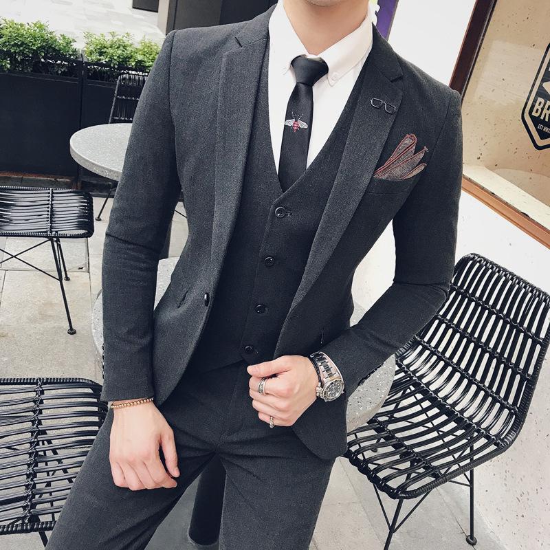 Korean Style Men's Slim Fit Formal Three-Piece Suit