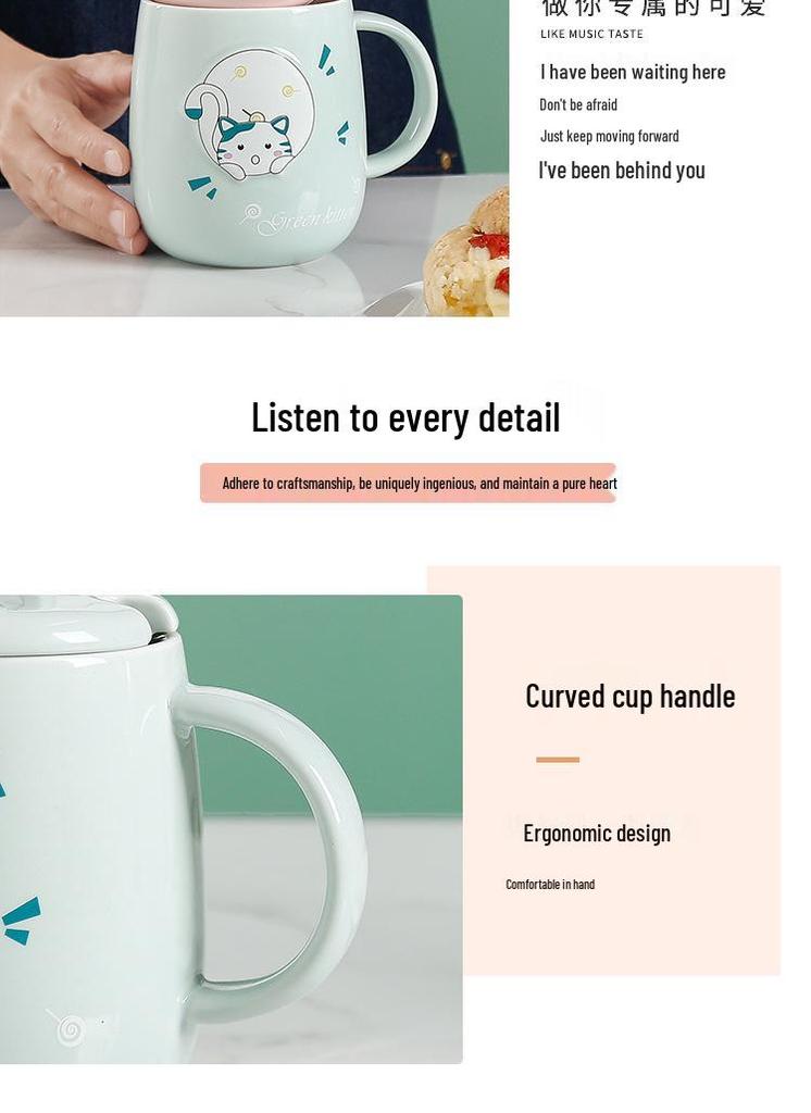 Cartoon Cat Ceramic Mug with Lid and Spoon - Trendy Office Coffee Cup