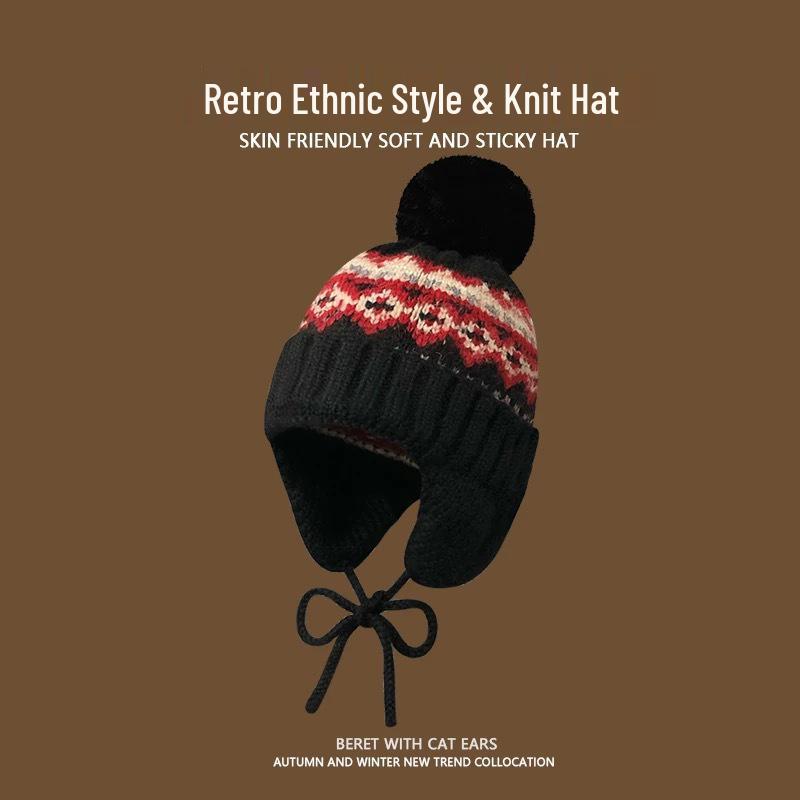 Kawanishi Women's Handmade Wool Beanie with Tassel and Ear Protection