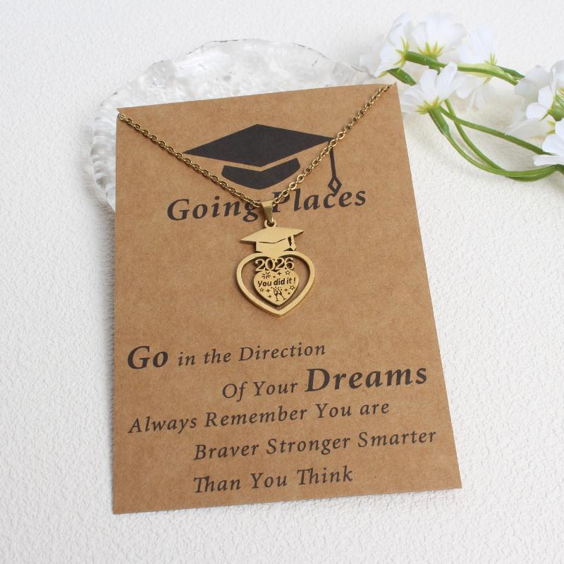 Stainless Steel Matte Golden Mortarboard Featuring Number 2026 Pendant Necklace Women Graduation Memorial Jewelry Gifts