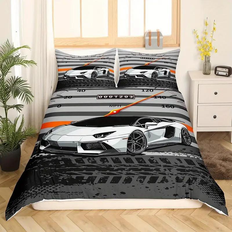 Racing Car Duvet Cover Set - 3D Cartoon Vehicle Print All-Season Bedding Set- 100% Polyester Breathable Fabric, Machine Washable