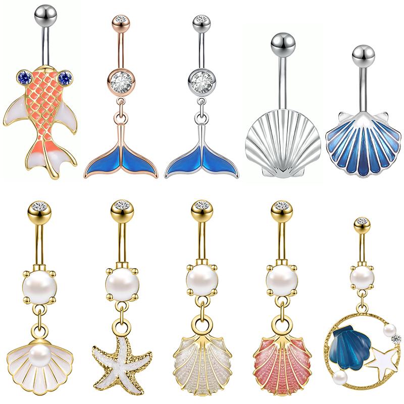 AOEDEJ 14G 1PC Shell Belly Piercing Ring Crystal Starfish Navel Ring Pearl Body Piercing Jewelry Summer Women Shell Belly Ring