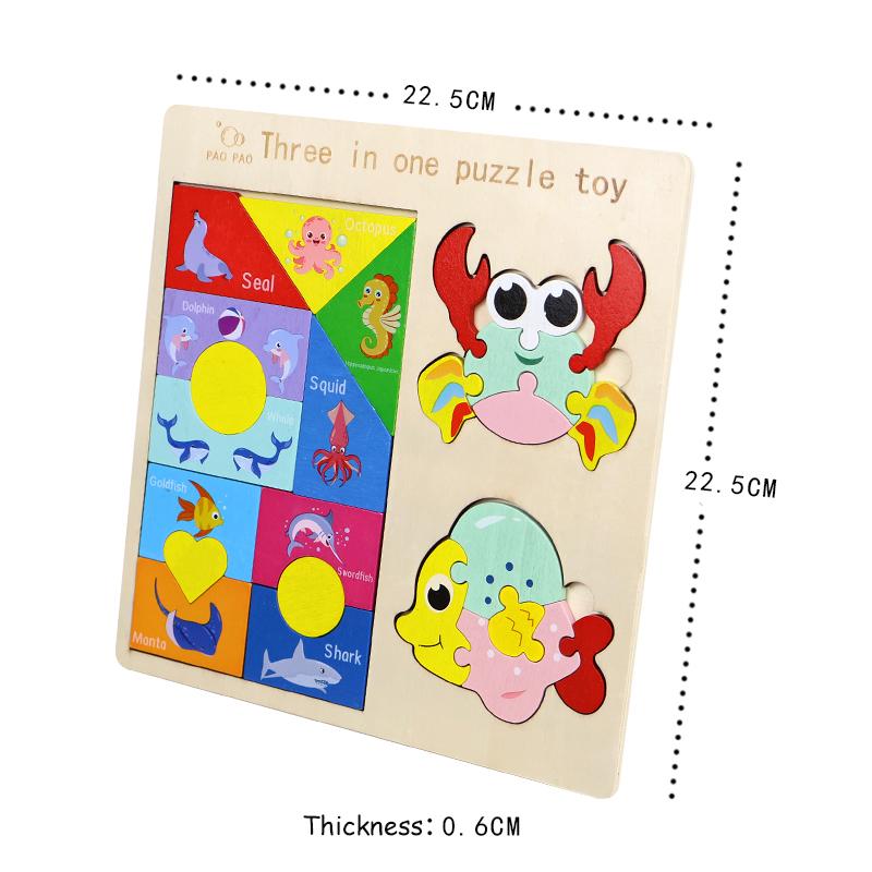 3 In 1 Wooden Tangram Jigsaw Puzzle Toy Educational Creative Geometric Shape Color Cognition Wood Building Blocks Gifts for Kids