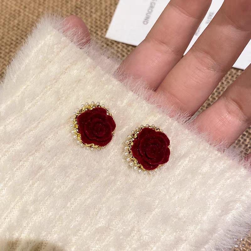 Ankola Flocking Red Flower Bead Stud Earrings Fashionable Sweet Exquisite Earrings Women's New Popular Versatile Earrings