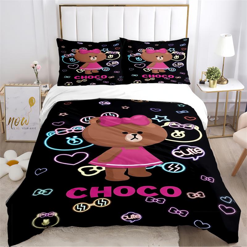 Cute Black Cat with Red Bow Print Bedding Set, Grey Striped Cartoon Cat Duvet Cover Set(1 * duvet cover + 2 * pillowcase, without core)