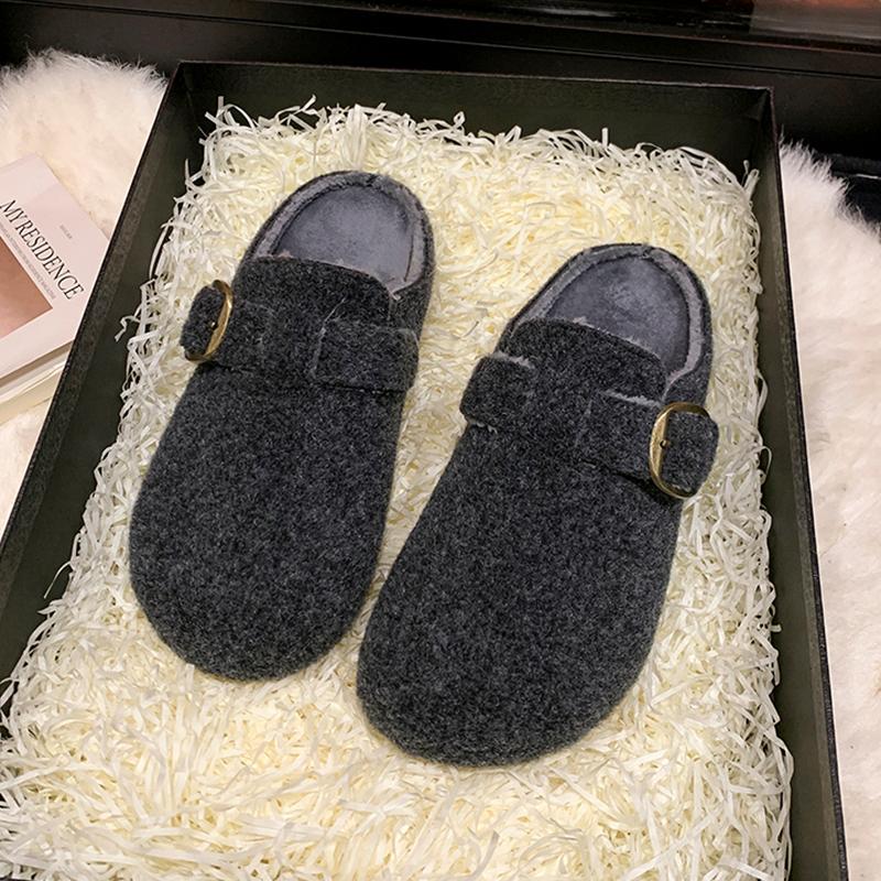 Height-increasing Platform Birkenstock Bag Head Half Slippers Women's New French Muffin Gray Fluffy Slippers Women's Outer Wear Muller Shoes
