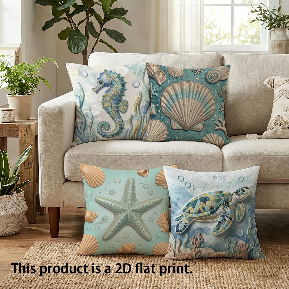 1/4pcs Ocean-themed Decorative Pillow Covers Sofa Bed Cushion Cover Home Bedroom Decoration, 2D Flat Printing