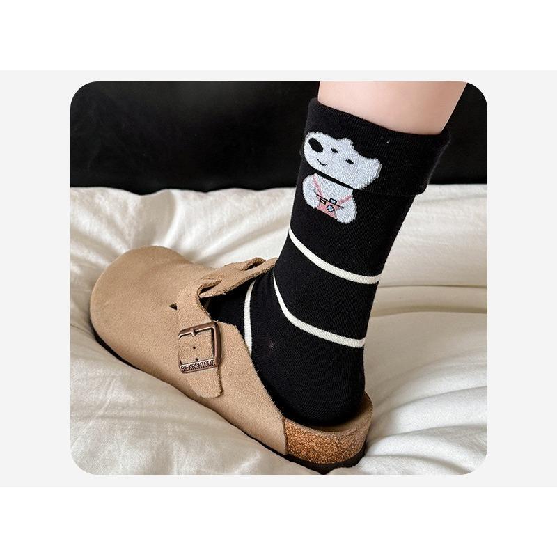 Autumn Cute Cartoon Pattern Socks, Flanged Mid-calf Socks, School-style Versatile Cotton Socks