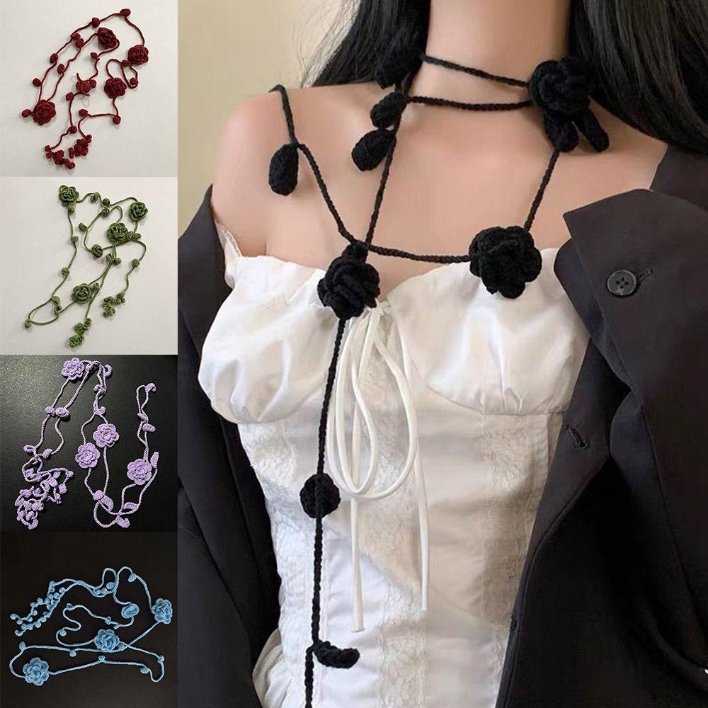 Crocheting Rose Flower Neck Chain Decoration Multicolor Rose Scarf Y2k Rose Necklace Girl