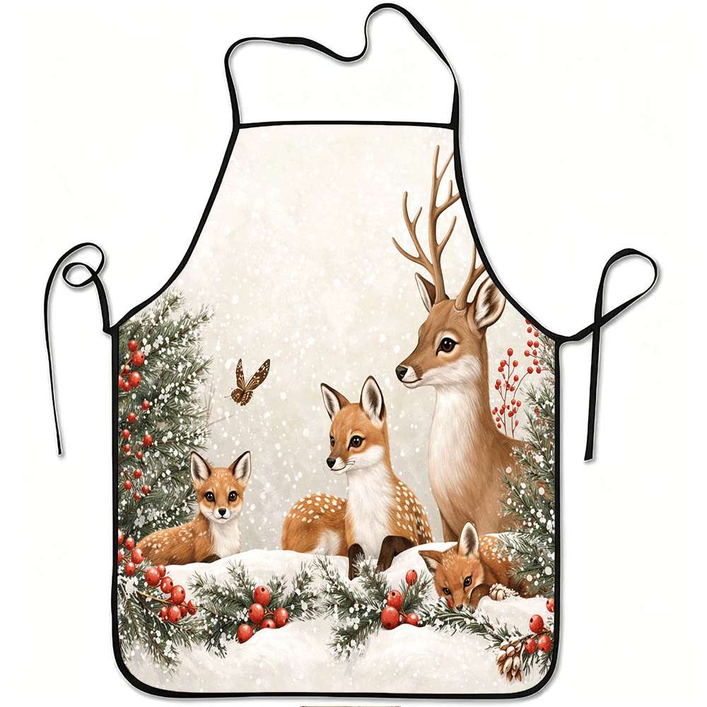 1pc Double-Sided Printing Winter Deer Fox Snow Forest Apron - Adjustable Belt, Durable And Easy-Cleaning Polyester Material, Pri