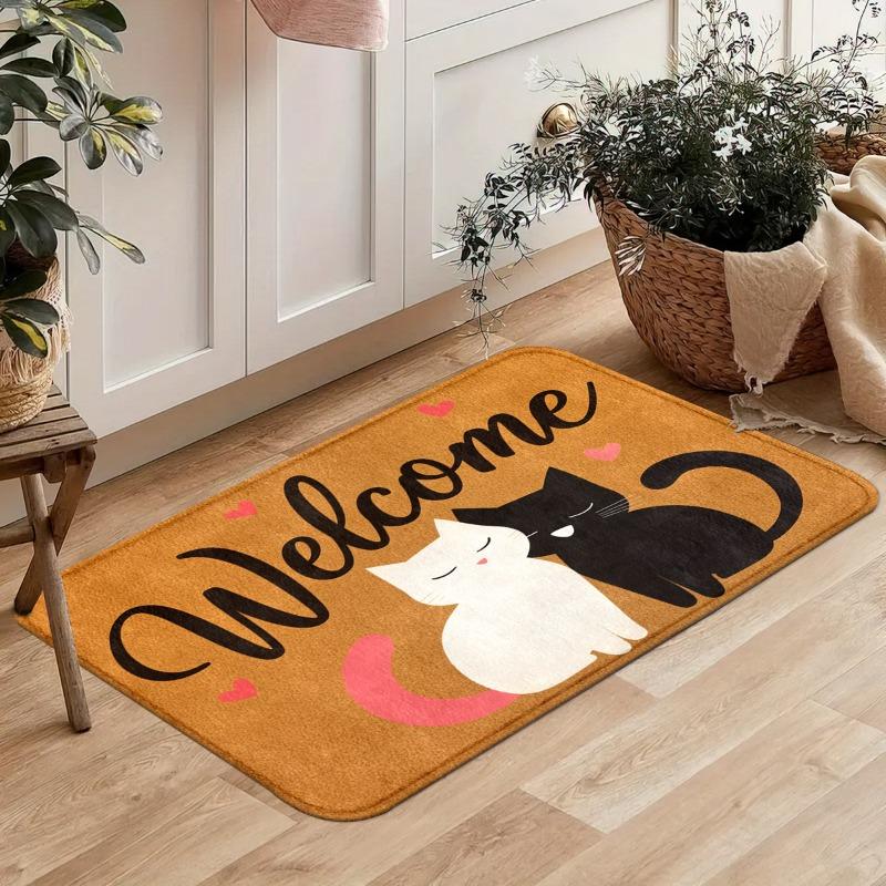 Flannel Black and White Cat Welcome Floor Mat, Non-slip Absorbent Foot Mat At The Entrance, Household Entrance Carpet