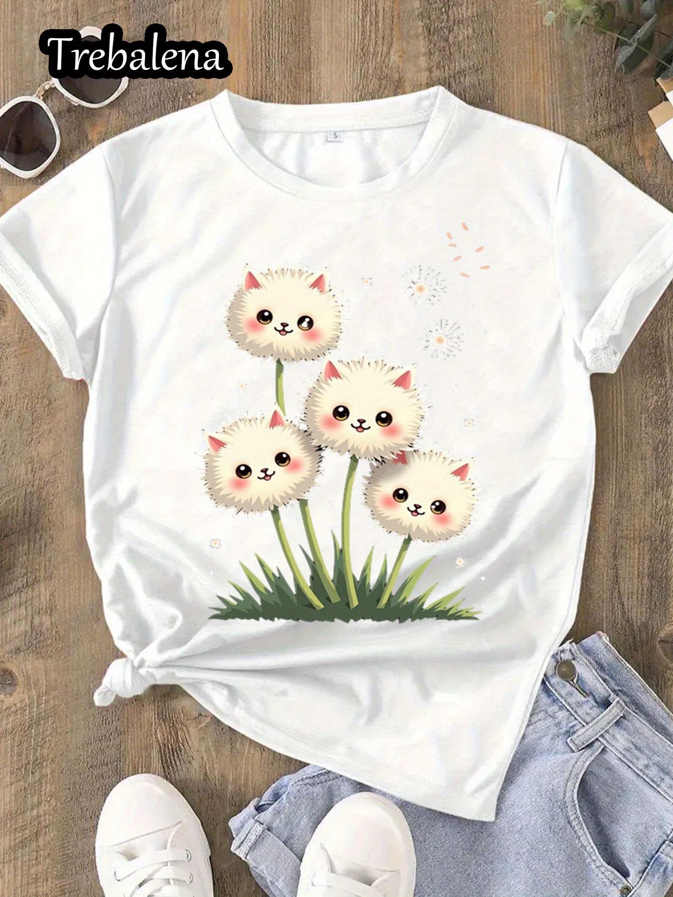 

Женская футболка больших размеров с круглым вырезом, милый пушистый кот, цветочный графический принт, повседневный пуловер, для весны, лета, осени S