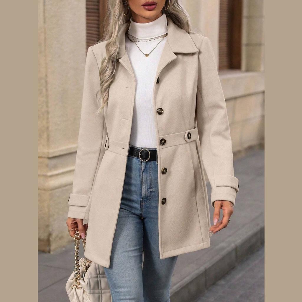 Autumn Ladies Mid-length Temperament Woolen Coat Lapel Button Temperament Slim Woolen Jacket