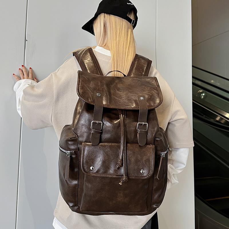 Schoolbag, European and American outdoor backpack, casual student backpack, large capacity travel backpack, canvas patchwork soft leather hiking bag