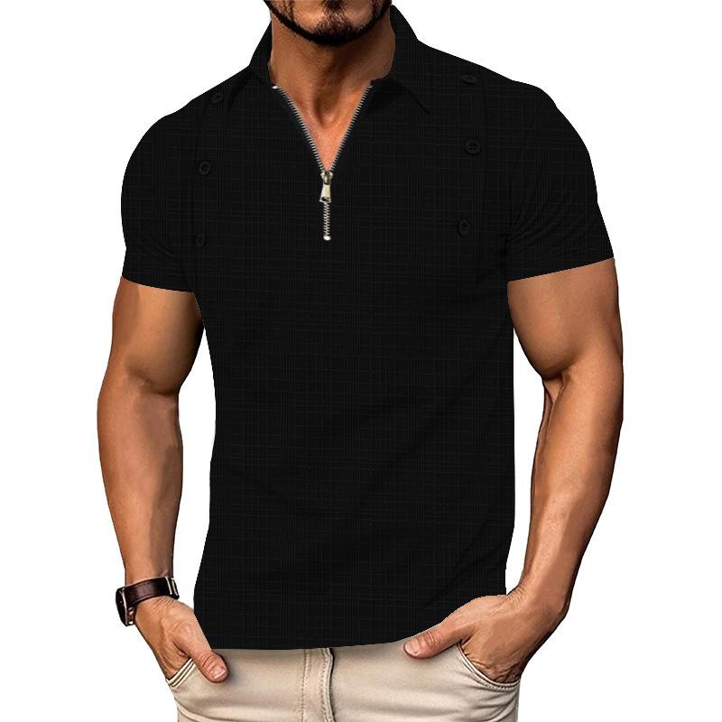 Mens Casual Short Sleeve Breathable Zip Grid Print Polo Shirt