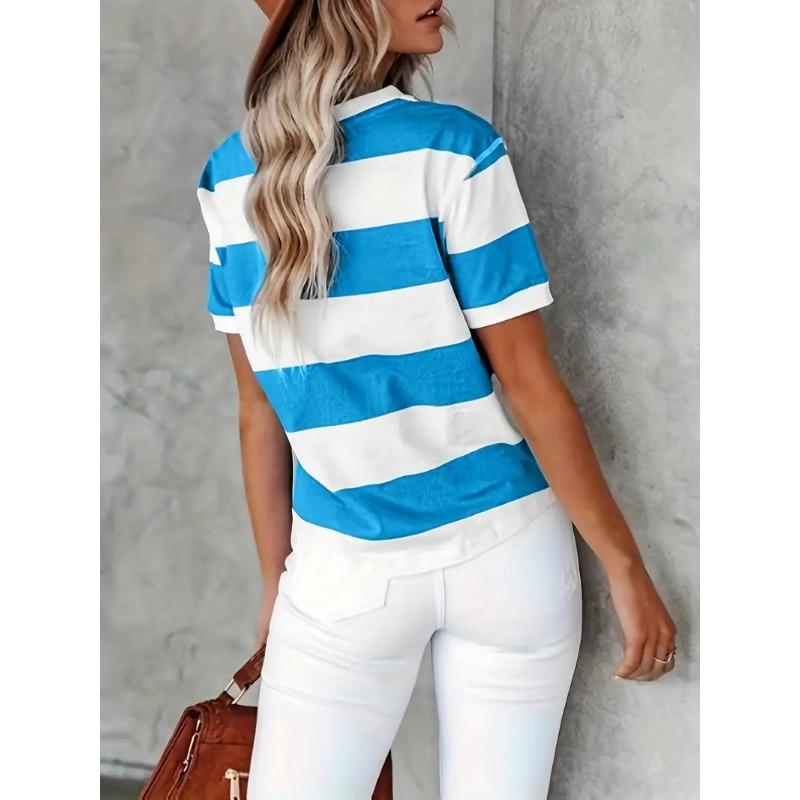 Short Sleeve Striped T-Shirt, Crew Neck Casual Top For Summer & Spring, Women's Clothing