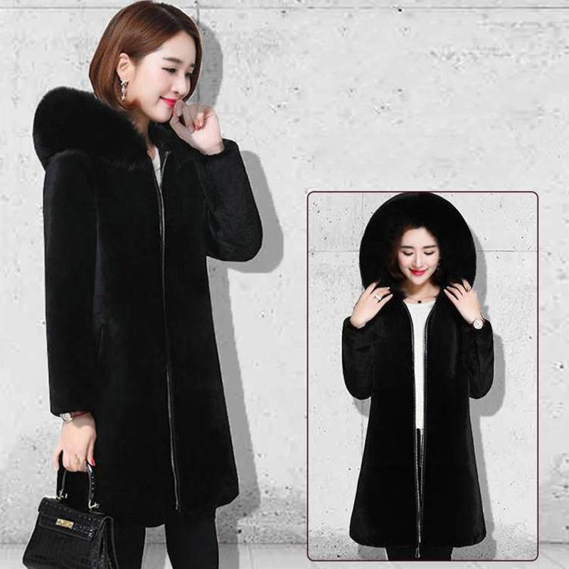Winter Fur Jacket Black Hooded Parkas Coat Thicken Ladies Warm Long Overcoat Windproof Snow Outerwear