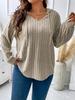 2025 Autumn/Winter V-Neck Plus Size Women's Hooded Ribbed Long Sleeve T-Shirt