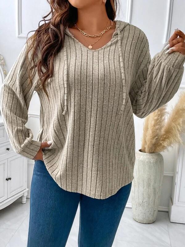 2025 Autumn/Winter V-Neck Plus Size Women's Hooded Ribbed Long Sleeve T-Shirt
