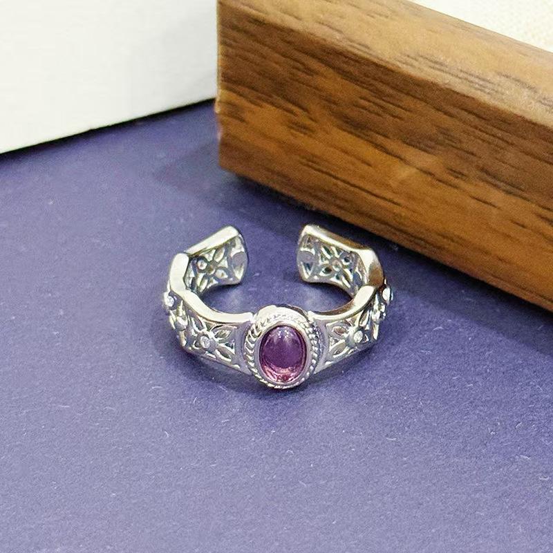 Light Luxury Retro High-Grade Inlaid Purple Diamond Egg Surface Love Open Ring, Personalized Design, Niche Exquisite Stacked Ring