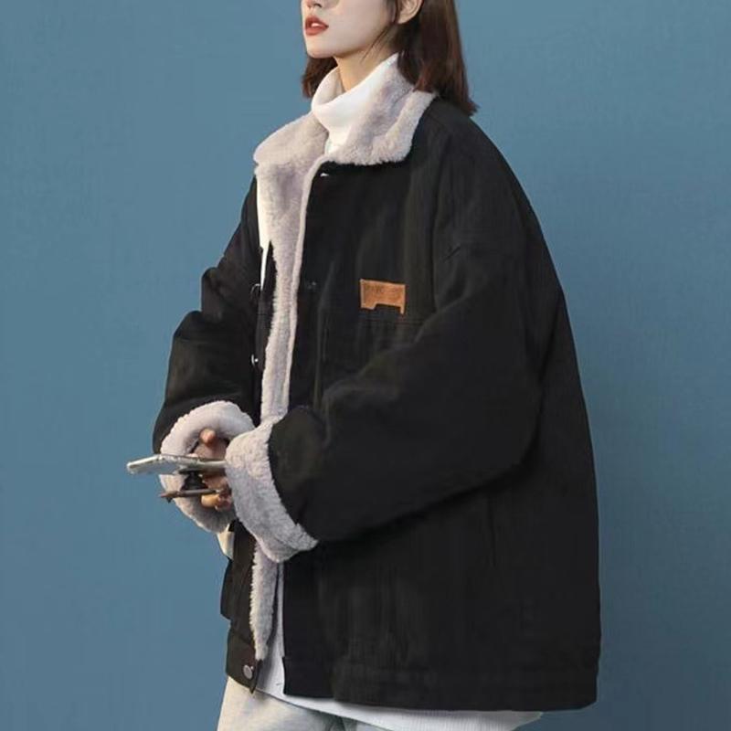 

Женская зимняя плюшевая джинсовая куртка, повседневная теплая бейсбольная куртка с подкладкой на хлопковой подкладке L чёрный