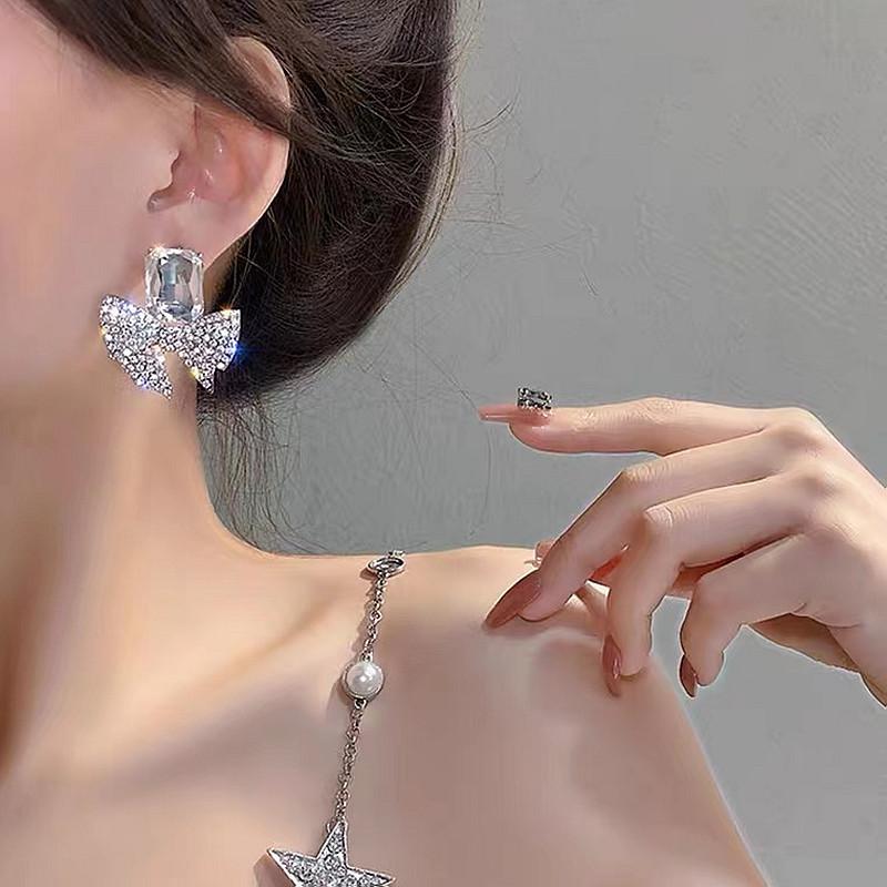 Silver Needle Korean Fashion Personality Earrings Full Diamond Bow Crystal Earrings Temperament Design Earrings