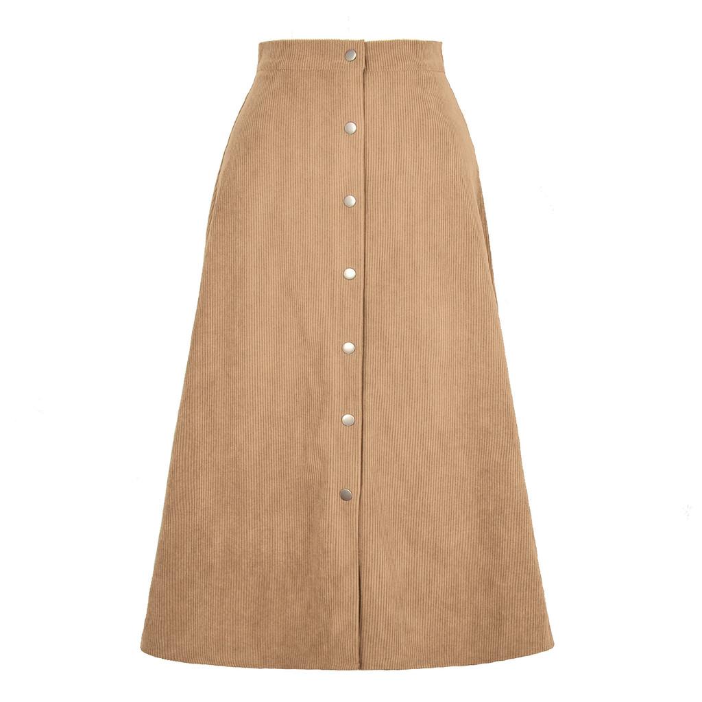 Corduroy High Waist Midi Skirt With Button Closure For Office And Fall Season