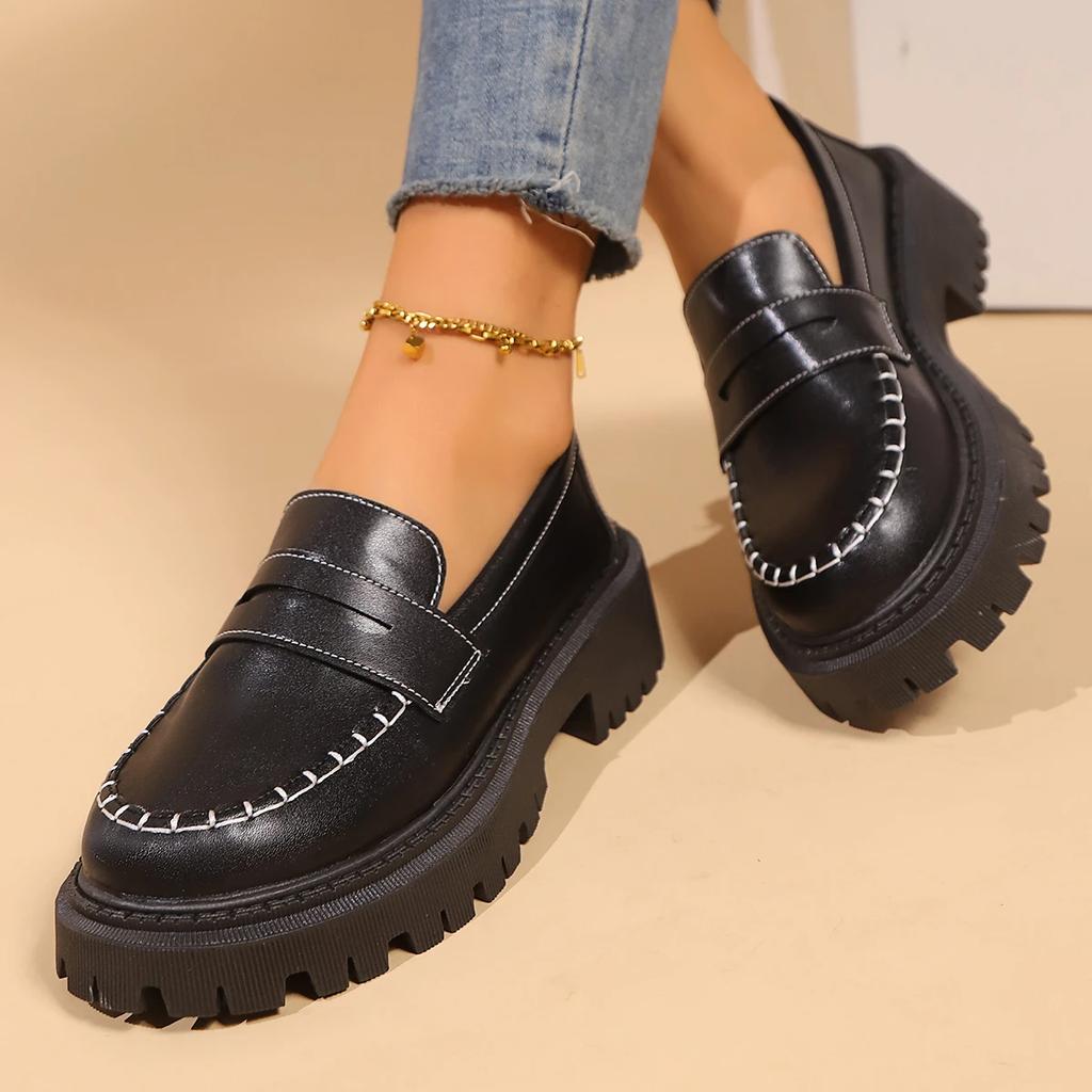 Fashion Women's Solid Color Platform Loafers Fashion Preppy Style Pu Leather Dress Shoes Woman Plus Size Comfortable Slip On Work Shoes