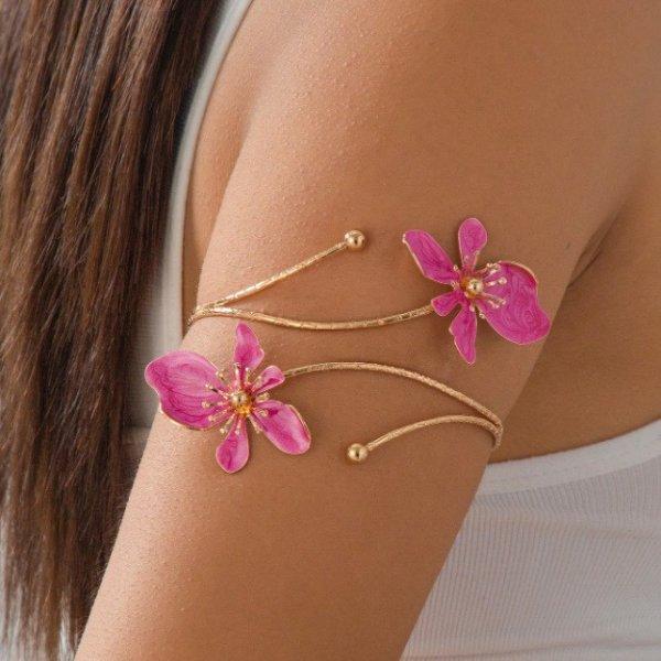 Elegant Sexy Floral Open Cuff Armlet for Women Bracelet Vintage Enamel Glaze Craft Flower Open Arm Ring Party Jewelry Gift