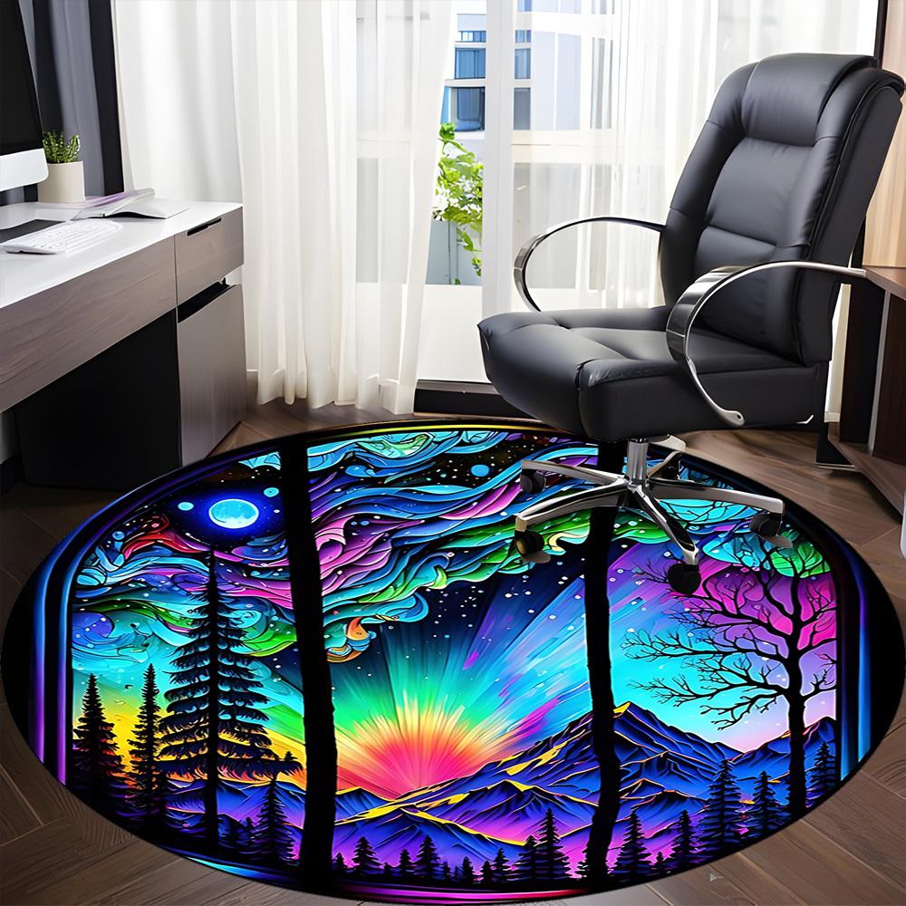 1PC StainedGlass Landscape Office Round Area Rug, Mat Suitable ForOffice, Under Office Chairs Bedroom Living Room Home Decor, Room Deco