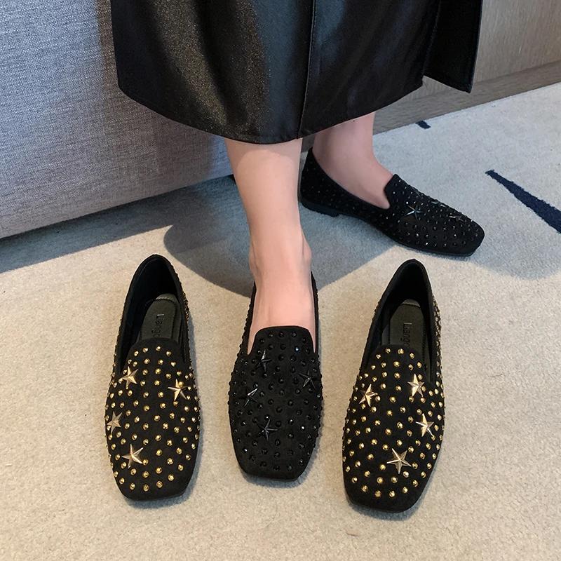 Mode 2024 Mode Damen Schuhe Flache Damenballerinas Heißer Verkauf Eckige Zehenpartie Tägliche Ballerinas Damen Hohe Qualität Nieten Flach Niedrige Absätze Zapatos