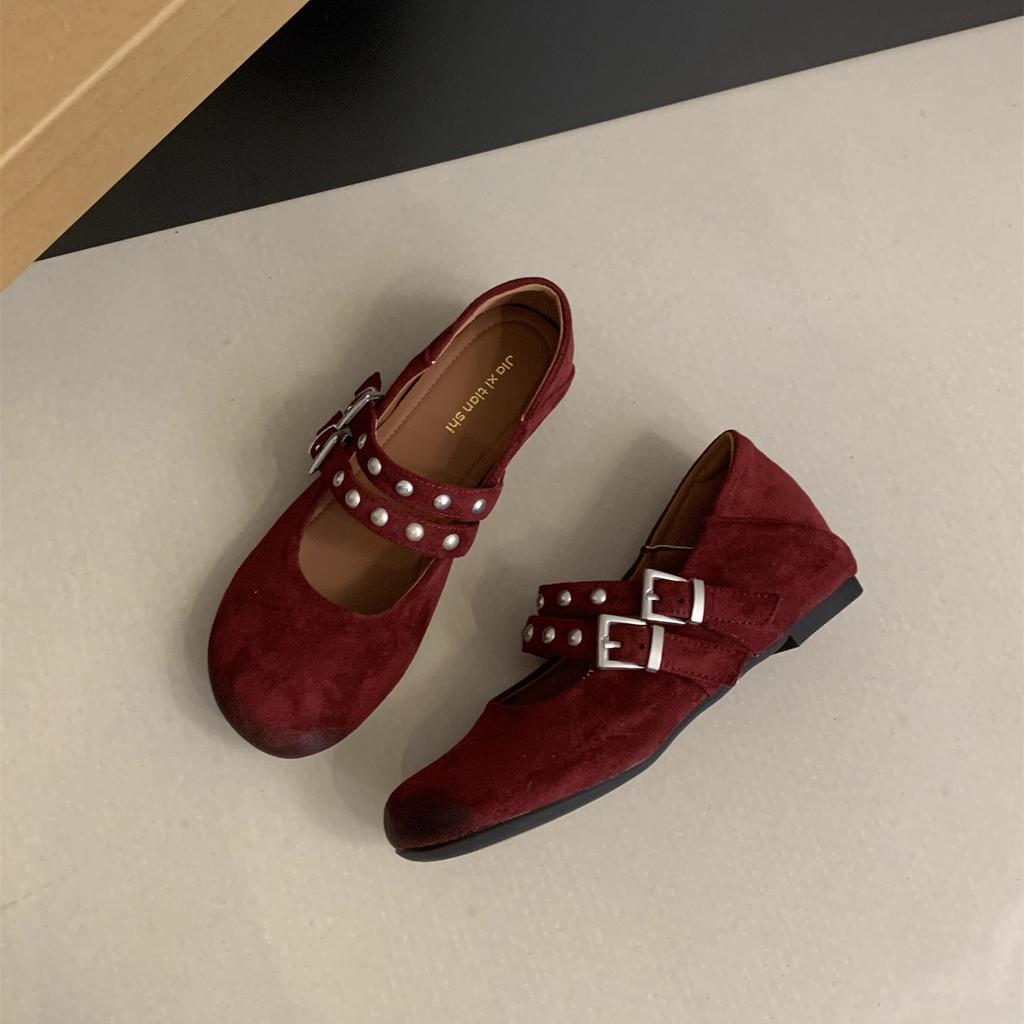 Innere Erhöhungsnieten, Nischendesigngefühl, flache Mary Jane Schuhe aus Wildleder mit doppelreihiger Knopfleiste für Damen 2025 neu retro