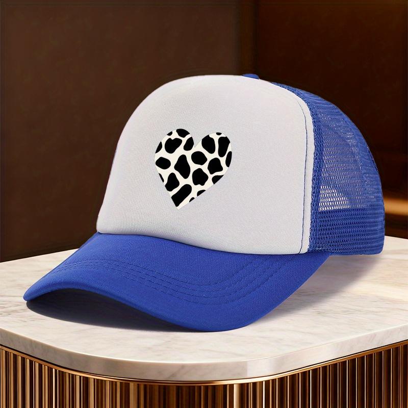 Cow Print Heart Mesh Trucker Hat Polyester Casual Unisex Snapback Adjustable Cap