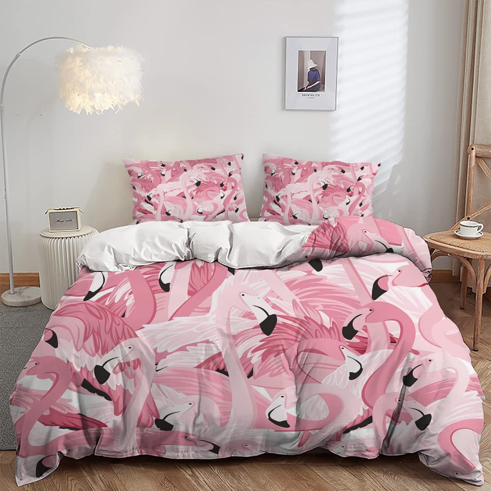 Flamingo Duvet Cover Set Tropical Animal Pattern King Bedding Set Girls Pink Floral Quilt Cover Queen Full Comforter Covers 3Pcs