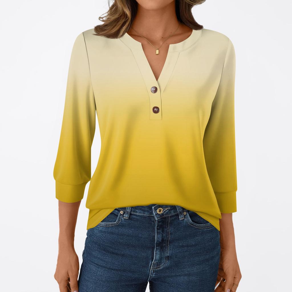 Women's Fashion Casual 3/4 Sleeve T-Shirt Prints V-Neck Button Top