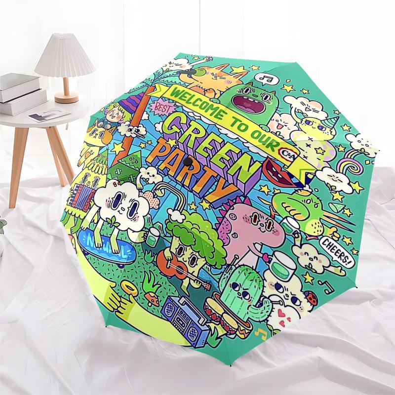 1pc Outdoor Umbrella with "Welcome to Our Green Party" Print - Automatic Opening/Closing Umbrella with Portable Tri-Fold Design, 8-Rib Iron Frame