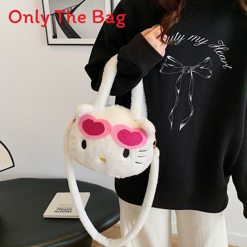 Borsa a tracolla rotonda in peluche Hello Kitty a cartoni animati con cerniera per bambine