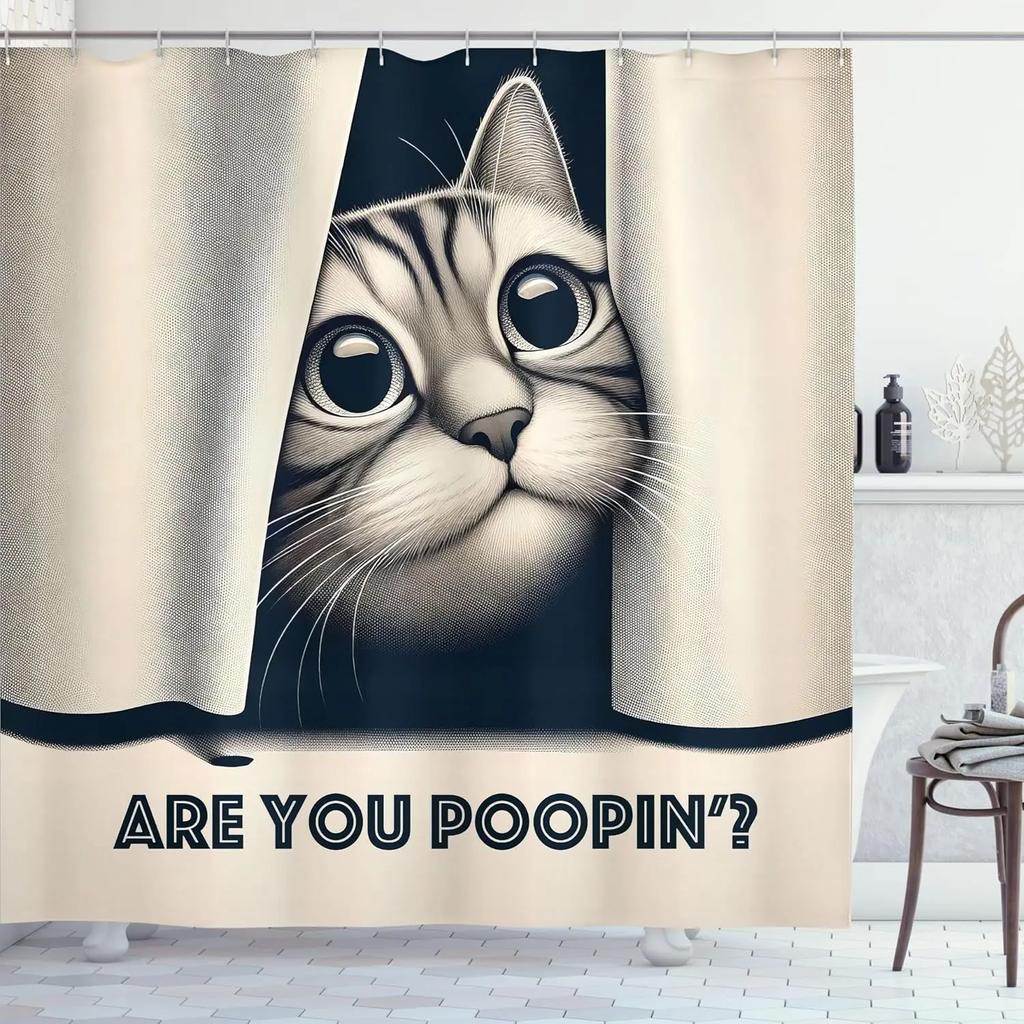 Vintage effect funny whimsical humor cat shower curtain fabric bathroom decoration shower curtain with hook, 180x180cm