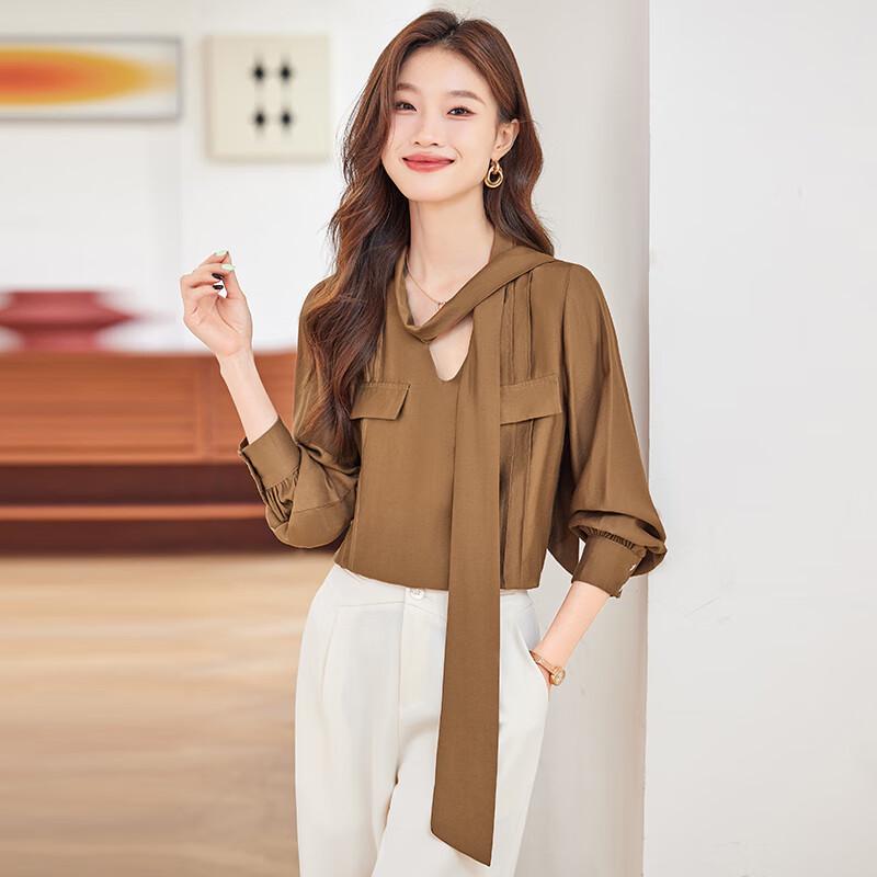 Teluoman Women s V-Neck Ribbon Long Sleeve Blouse S
