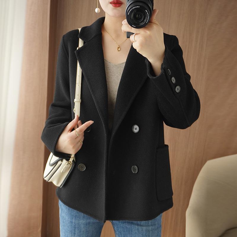 Women's Petite Double-Breasted Wool Cashmere Coat - Autumn/Winter Suit Collar Overcoat