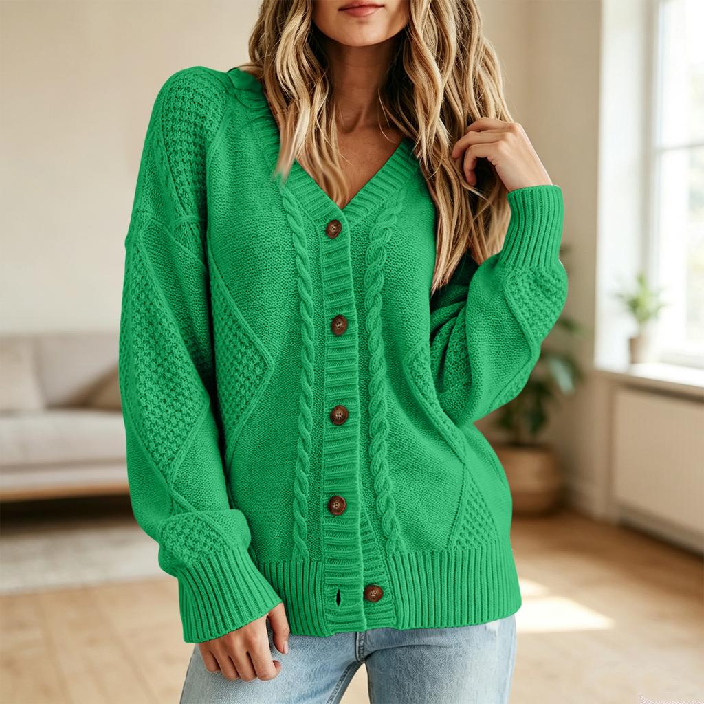 Women's Color Long Sleeve V-Neck Buttoned Cable Knit Cardigan Sweater