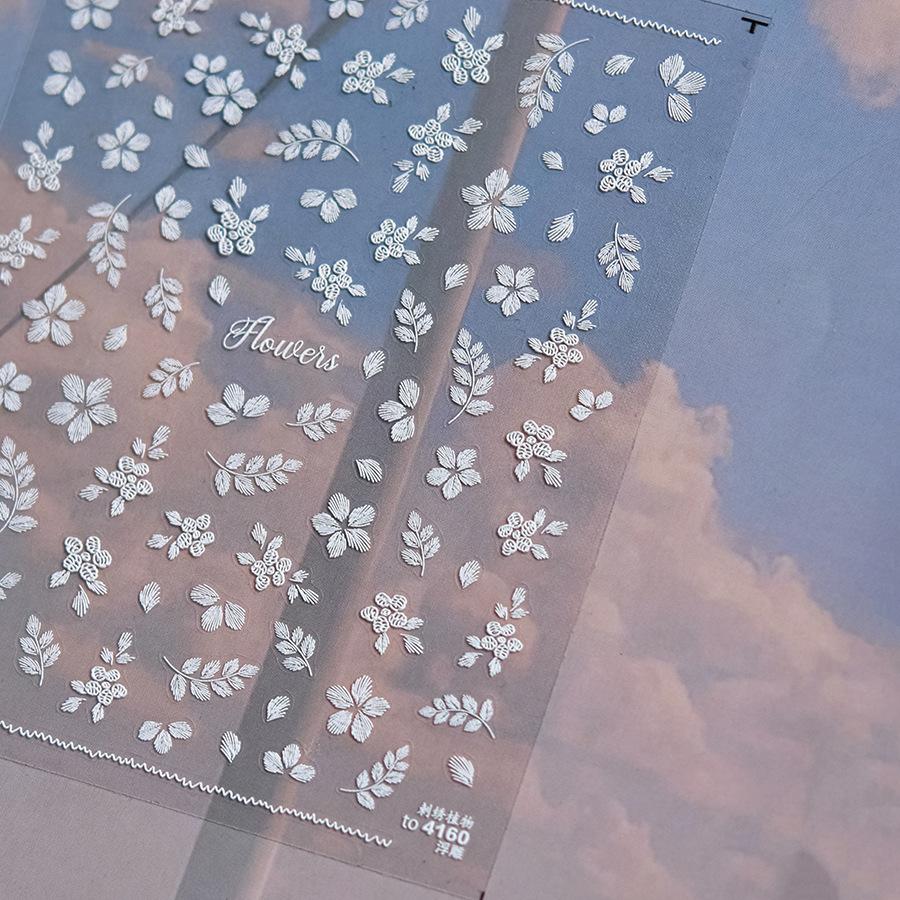 Crystal White Flower Leaves Petal Wet garden Spring Charming Elegant 5D Nail Art Stickers Rhinestone Adhesive Manicure Decals