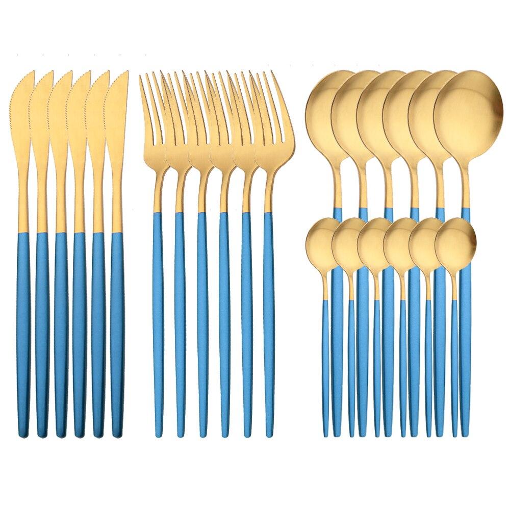 24 deler Matt Svart Gull Bestikksett Gaffel Skje Kniv Bestikksett Rustfritt stål Bestikk Komplett servisesett Kjøkken
