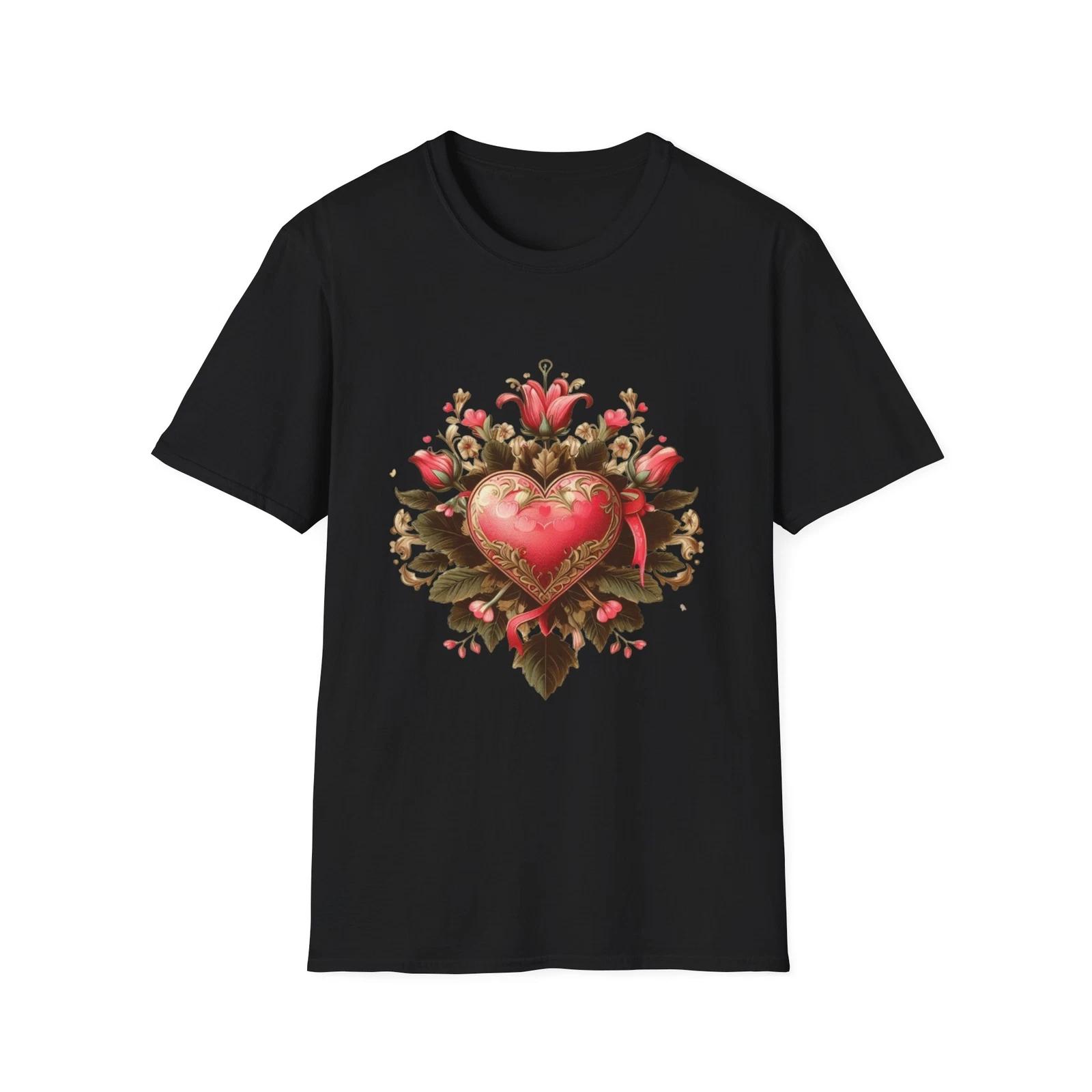 Vintage Floral Heart T-Shirt, Romantic Gift, Valentine s Day Tee, Unisex Casual 4XL