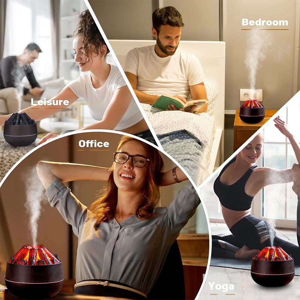 Flame Humidifier Diffuser 300ml Charcoal Fire Humidifier for Home Room USB Mini Desktop Diffuser Mist Sprayer with Night Lamp